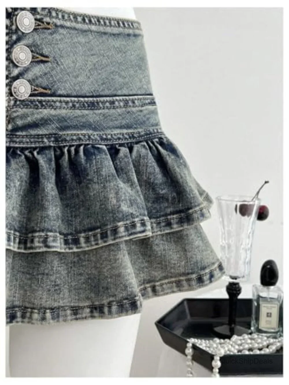 High Waisted Denim Mini Skirt Ruffle Tiered A-Line Y2K Cowgirl